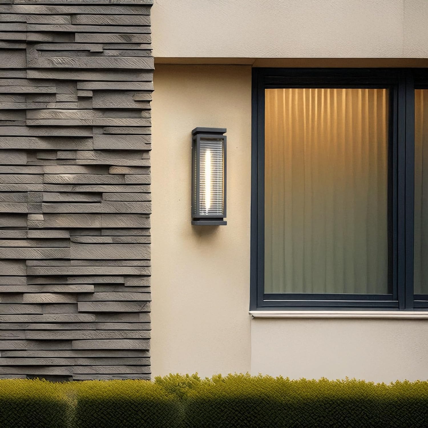 Modern Black Outdoor Wall Light, Waterproof Wall Sconce with Glass Shade, Durable Stainless Steel Exterior Wall Mounted Lamp, T5 Tube Bulb Lighting Fixture for Porch, Patio, Garden, Yard