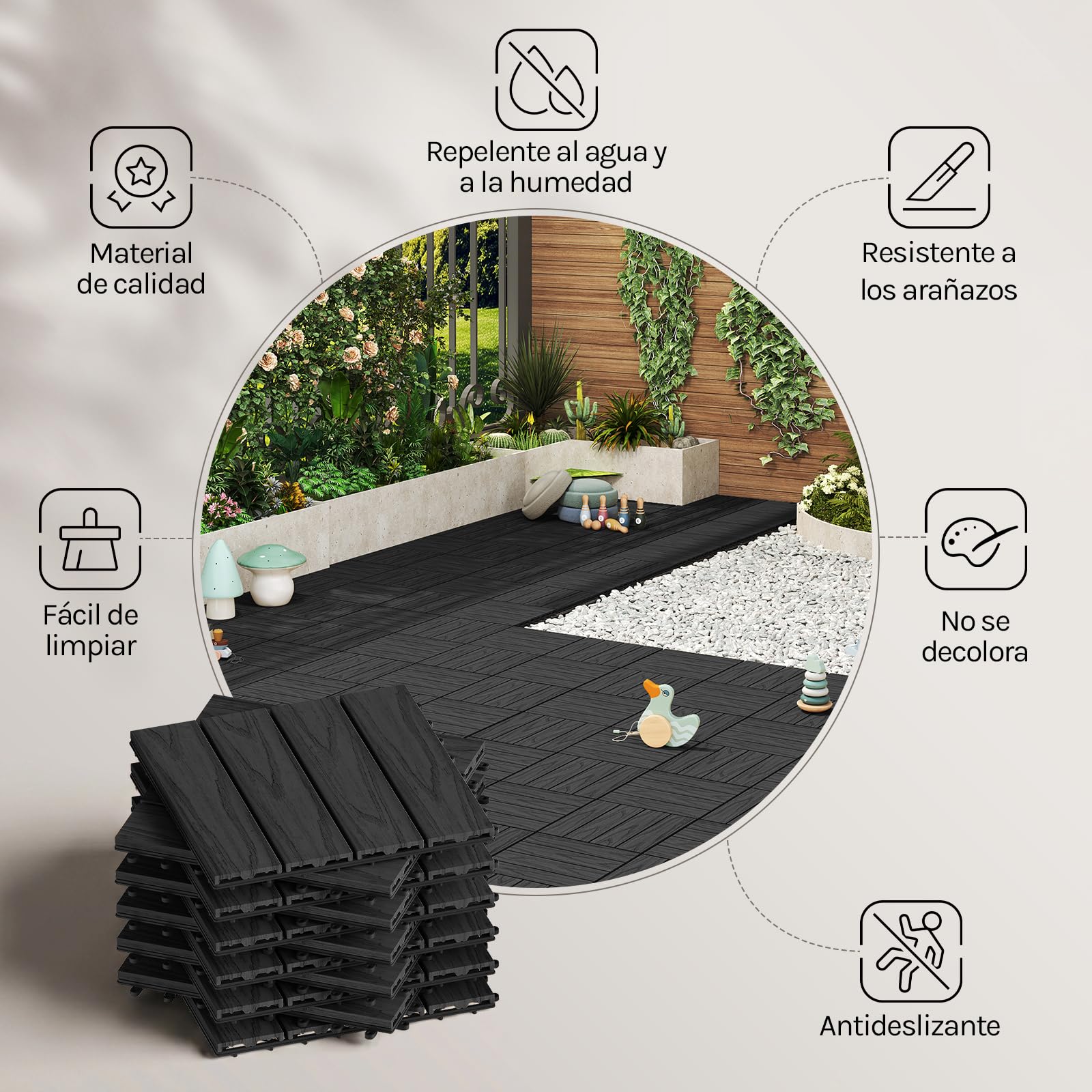 WOLTU 11x Suelo de WPC Baldosas de Madera Exterior para Porche Patios Jardin, 30 x 30 cm 1m² Suelo de Exterior Compuesta Azulejos Baldosas de WPC para Terraza Antracita