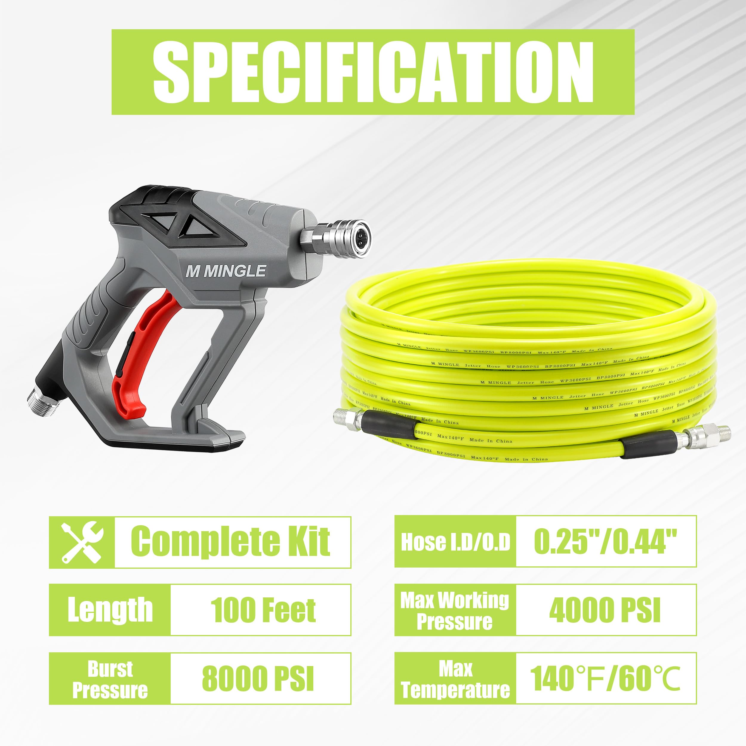M MINGLE Kit de chorro de alcantarillado para lavadora a presión de 100 pies, manguera limpiadora de drenaje con pistola de lavado eléctrica, rotación de esquina NPT de 1/4 pulgadas y boquilla de