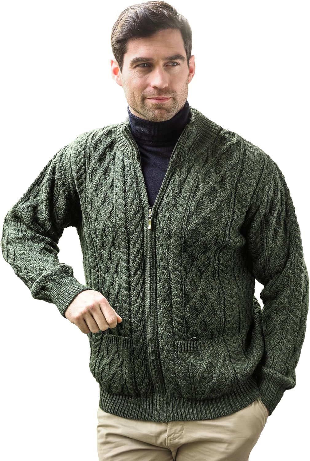 Aran Crafts Mens Zip Cardigan 100% Merino Wool, Made in Ireland