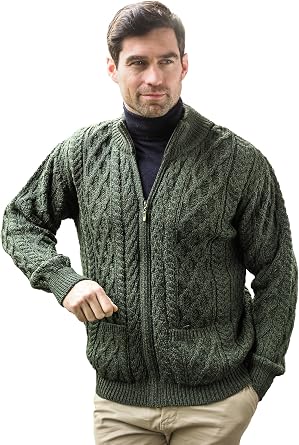 Aran Crafts Mens Zip Cardigan 100% Merino Wool, Made in Ireland