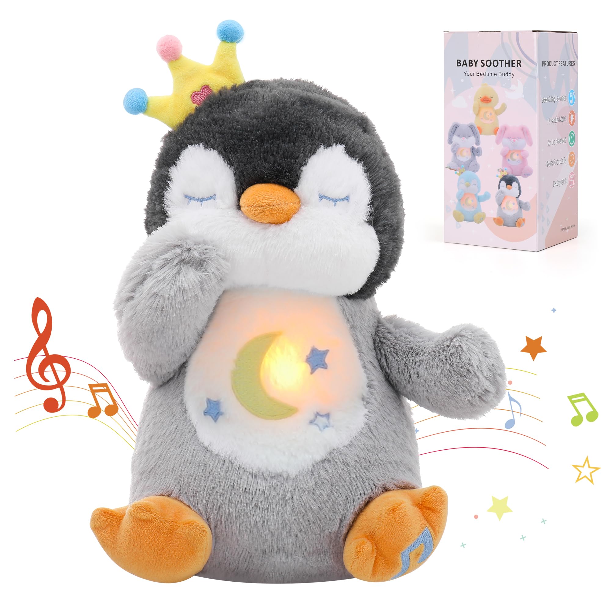 Edencomer Breathing Penguin Teddy, Newborn Toys with Simulated Breathing, Soothing Music & Night Light, Anxiety Relief Plush