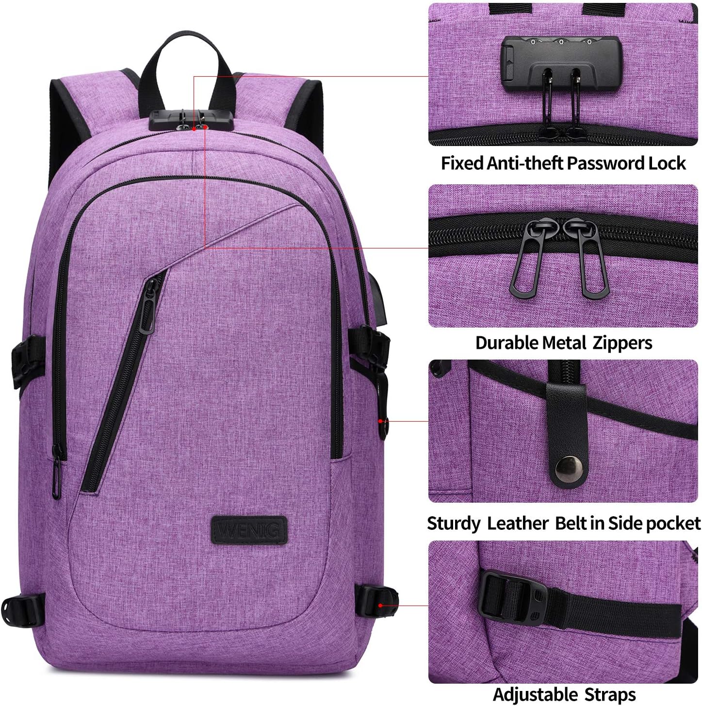 WENIG Laptop Backpack for Women,Business Backpack Anti-Theft Backpack with USB Charging Port and Lock 15.6 Inch Computer Backpacks for Women Men,Purple
