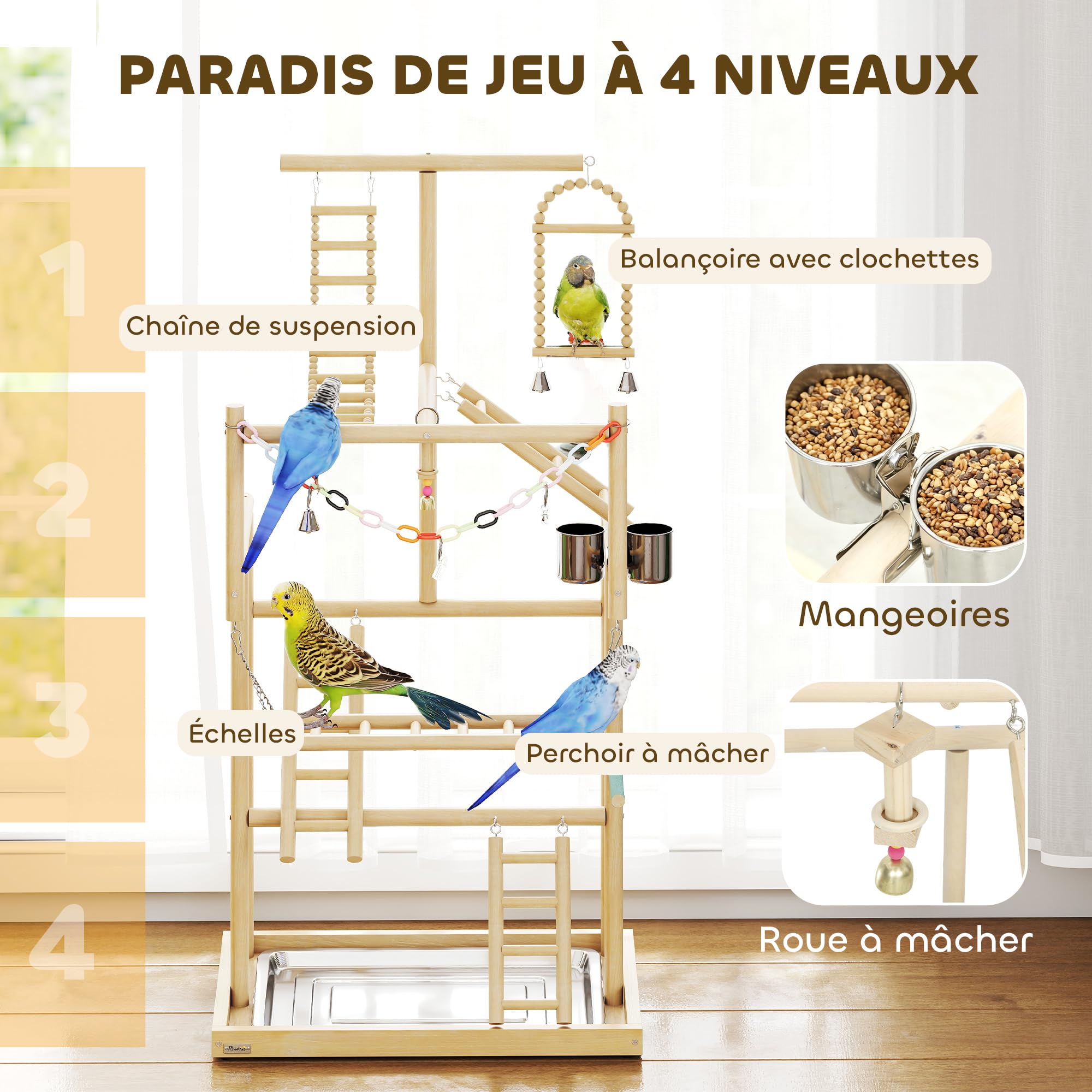 PawHut Aire de Jeux pour Oiseaux, échelles, pour Perroquet, 48 x 38 x 95 cm | Jeu pour Perroquet, Jouet à Chaîne, Plateau, Mangeoire, Balançoire, Pour Perruches, Inséparables, Pinsons, Calopsittes