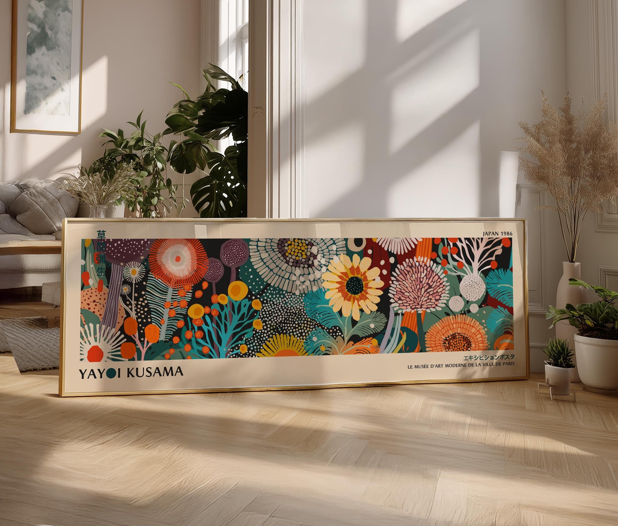 YUSUZHU Quadro panoramico su tela di Yayoi Kusama: grandi stampe Japandi da appendere sopra il divano o il letto per decorare il soggiorno (55x110 cm/cornice interna)