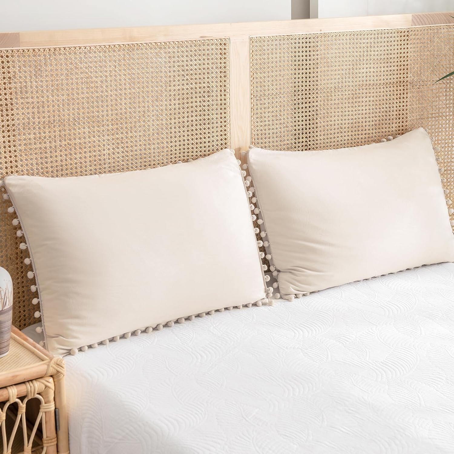 MOVE OVER Beige Gray Pillowcases Standard Set of 2 Cream Gray Pom Pom Pillow Covers Queen Size Soft Washed Microfiber Linen Gray Pillow Cases Neutral Style Beige Pillow Covers for Room Decor