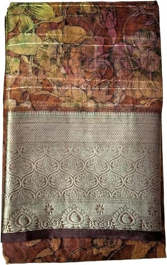 Brown Floral Print Saree with Gold Zari Border, Traditional Indian Ethnic Wear
