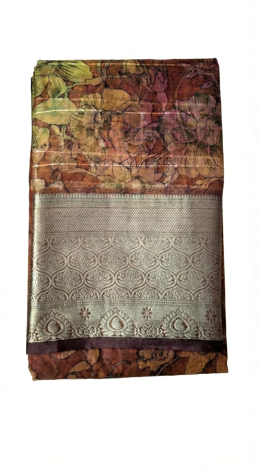 Brown Floral Print Saree with Gold Zari Border, Traditional Indian Ethnic Wear - Review, Price and Buying Guide