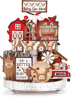 GlikCeil 20 Pcs Highland Cow Tiered Tray Decor, Wood Farmhouse Decorations | Rustic Cow Signs, Highland Cow Table Centerpiece, Barn Fence Truck Windmill Accents, for Kitchen Home Office Shelf Display