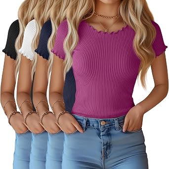 4 Pack Womens Tops Lettuce Trim Cotton Shirts