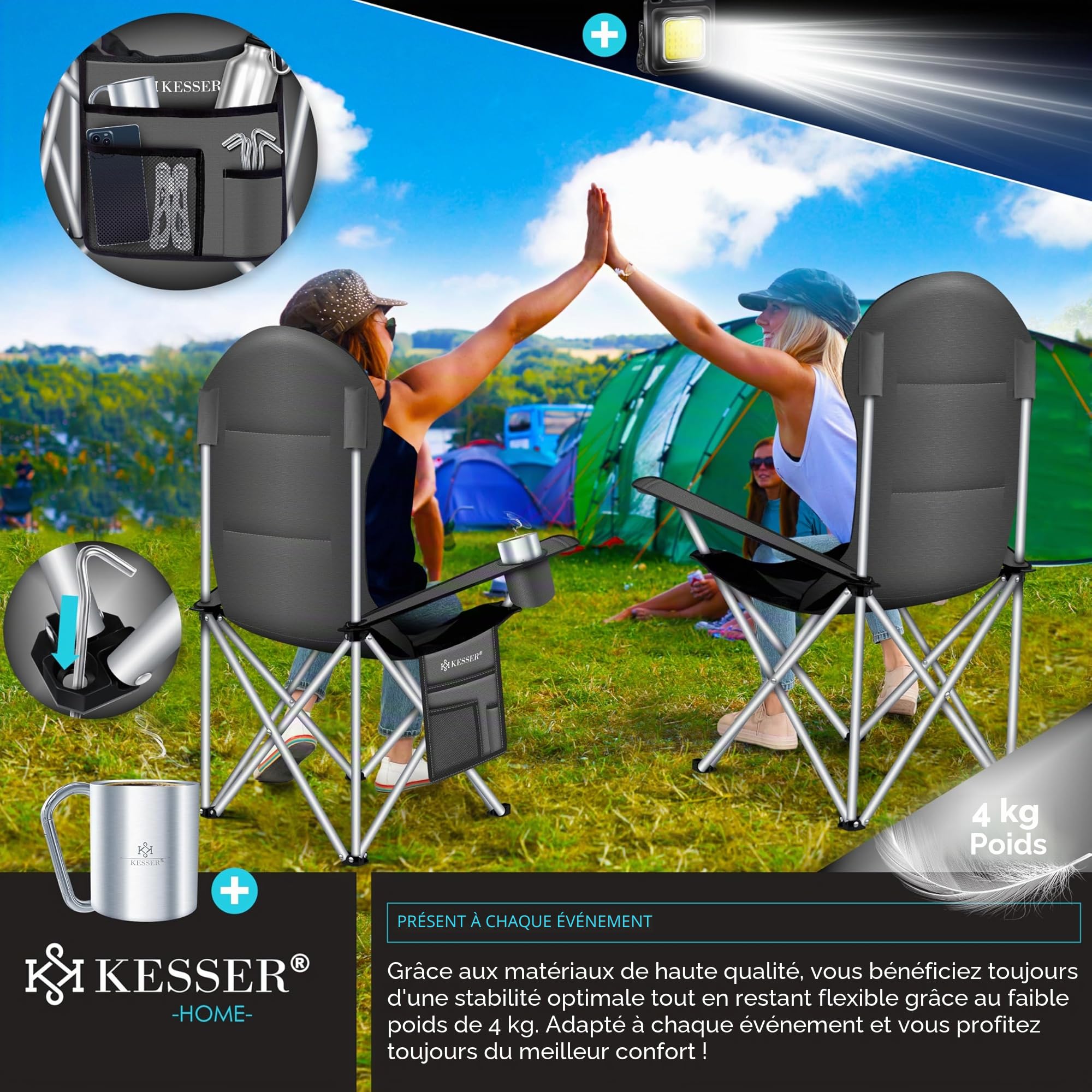 KESSER® Chaise de camping jusqu'à 150 kg, de pêche, pliable, rembourrée avec accoudoirs et dossier haut, lumière de camping et porte-gobelets + sac, pliable, anthracite/noir