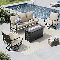 Vista 61 de MFSTUDIO Juego de muebles de patio de 6 piezas con mesa de fogata de gas de 45 pulgadas (hasta 7 asientos), sofás de conversación de patio con marco