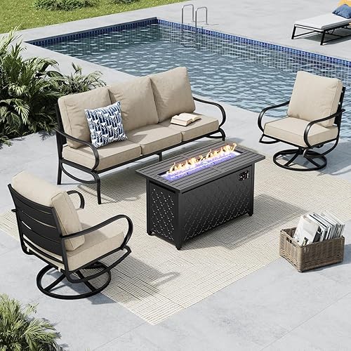 Miniatura 62 de MFSTUDIO Juegos de muebles de patio con mesa de fogata de gas de 45 pulgadas, 8 piezas de conversación de metal para exteriores con 1 sofá de 3