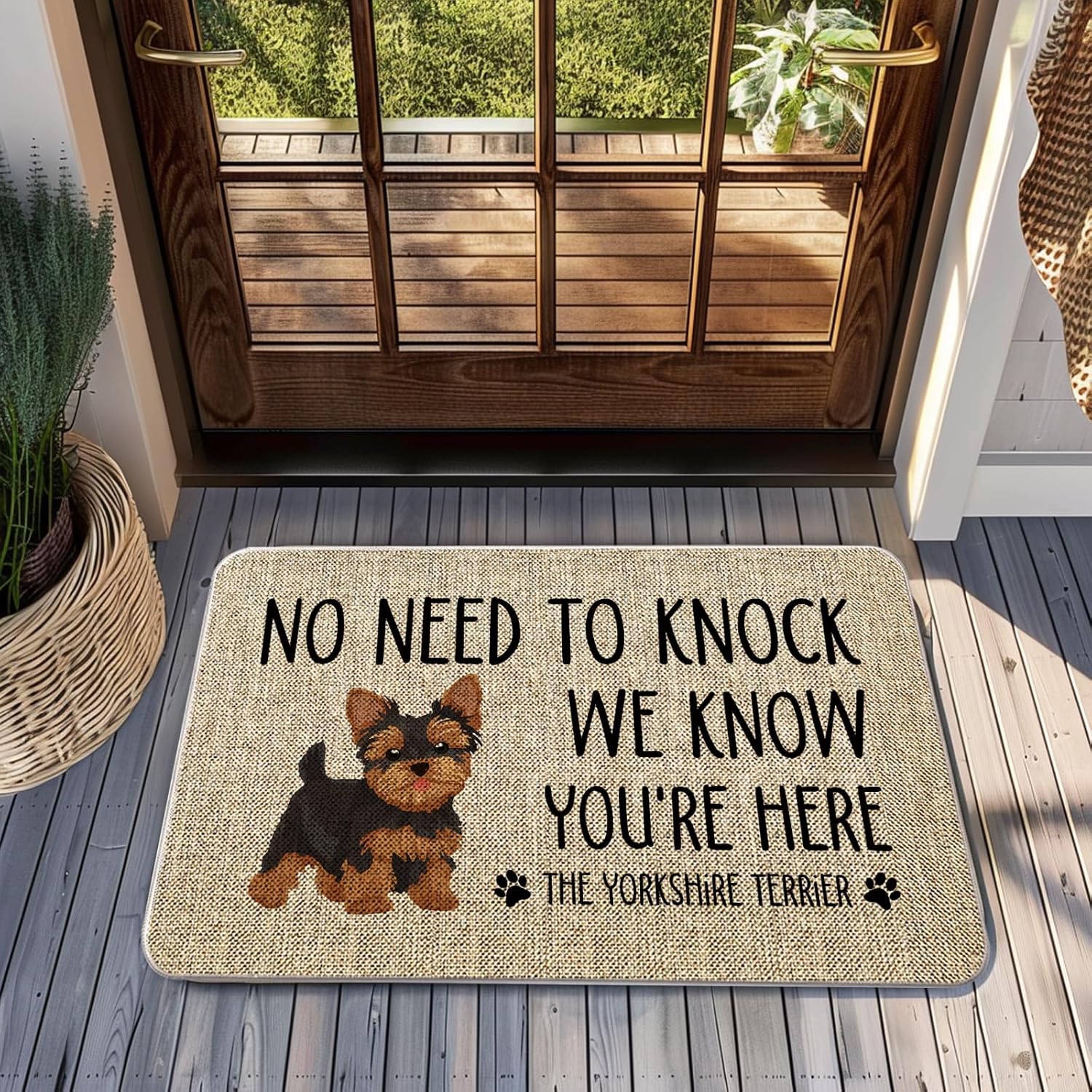 Dog Door Mat Yorkshire Terrier Welcome Doormats No Need to Knock We Know You're Here Entrance Rug Farmhouse Home Kitchen Floor Front Door Mat 17 x 27 Inch for Outdoor Indoor