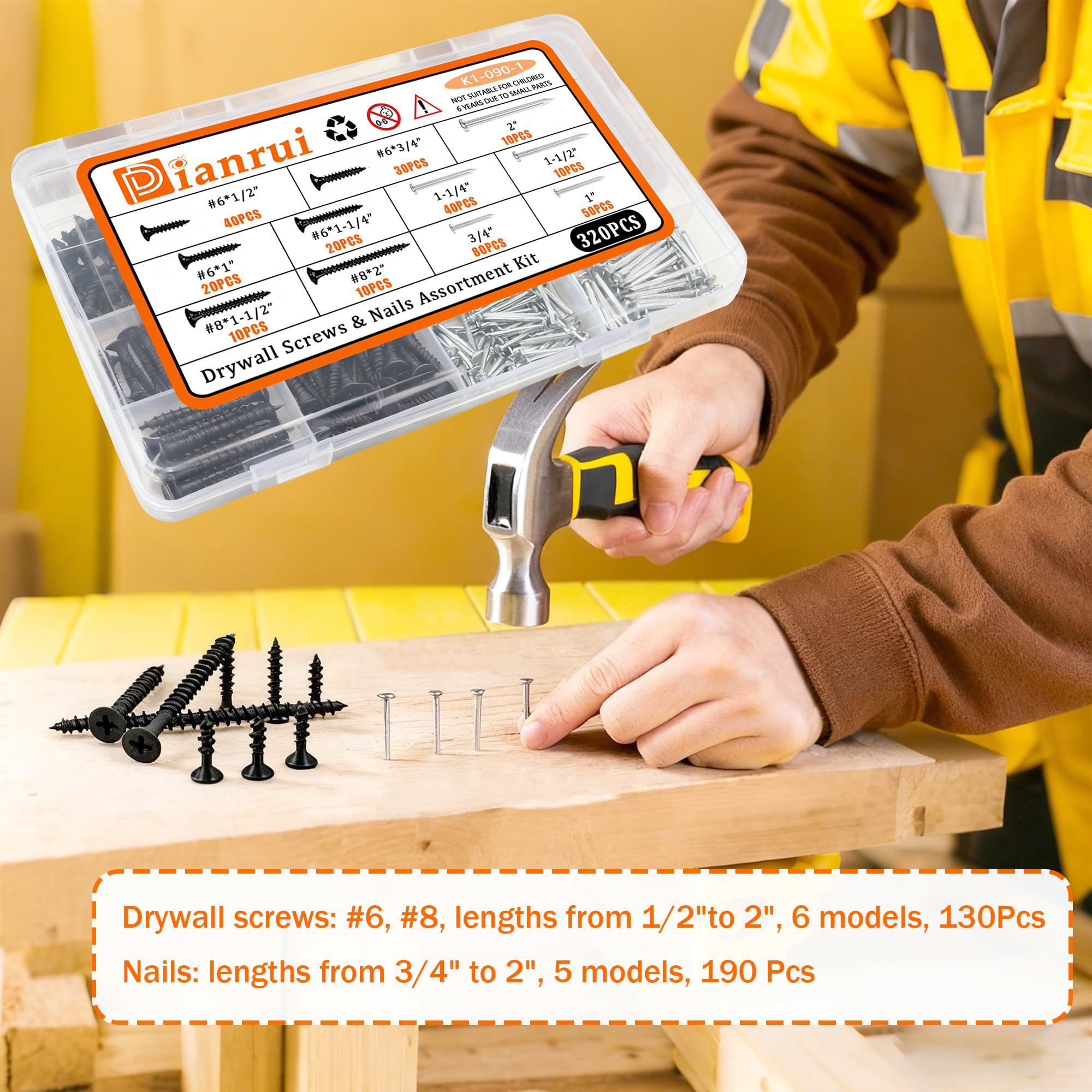 Dianrui 320-teiliges Set mit Nägeln und Holzschrauben, #6#8, Trockenbauschrauben-Set und kleine Nägel zum Aufhängen von Bildern/DIY-Reparaturprojekten, Länge 1,27 cm bis 5,1 cm