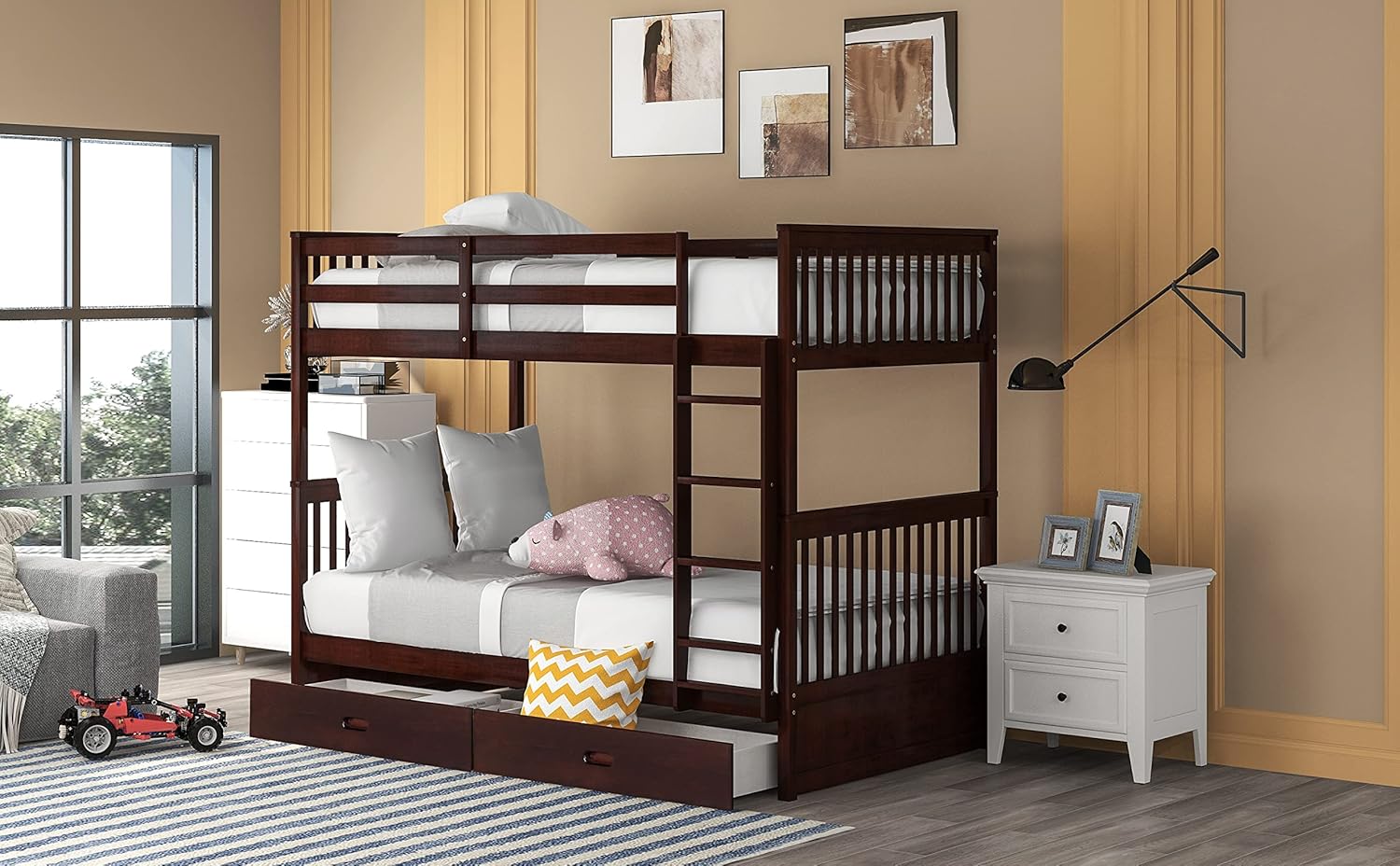 Twin-Over-Twin Bunk Bed with Ladders and Two Storage Drawers (Espresso)