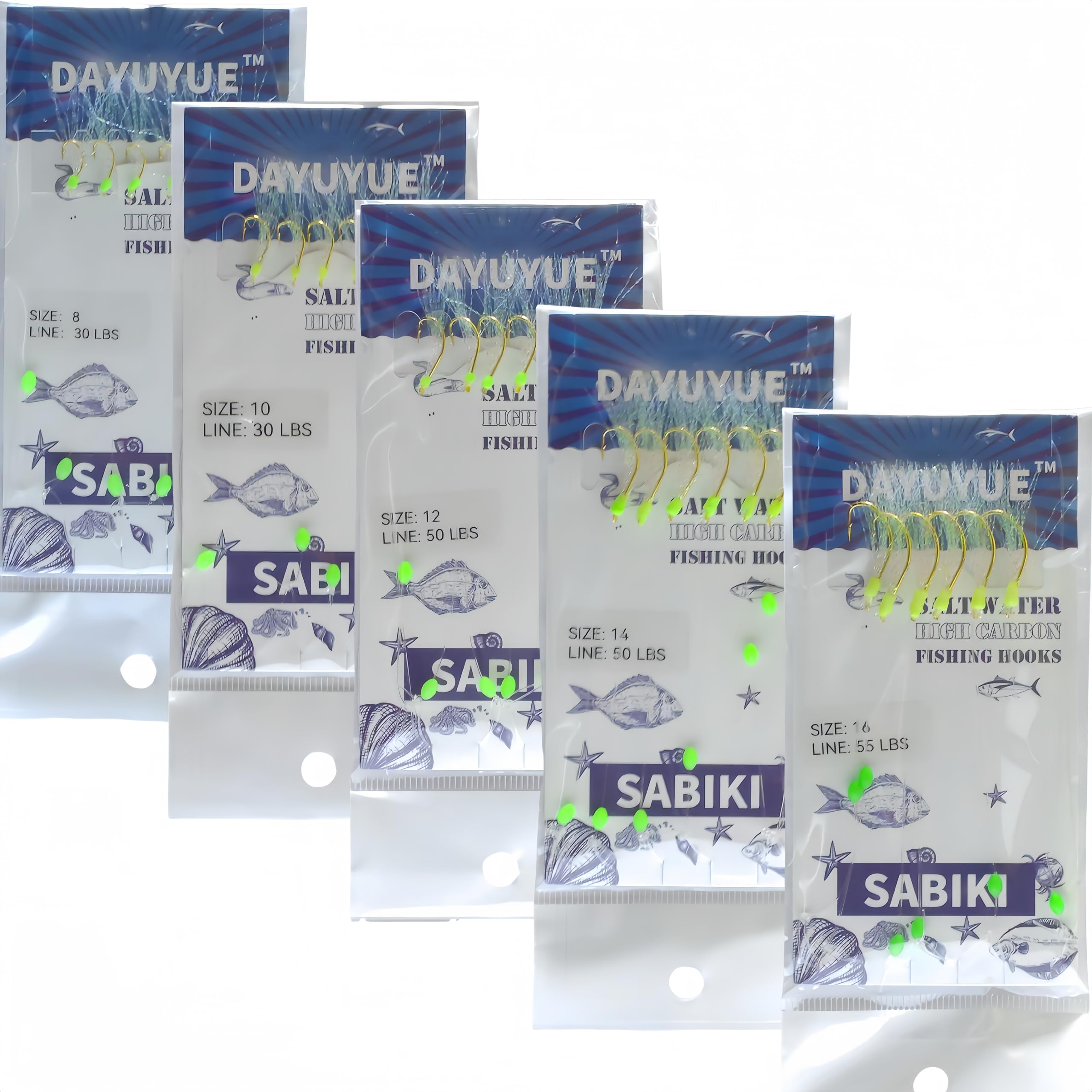 DAYUYUE Sabiki Fishing Hooks Set Real Fish Skin Sea Rigs, Glow Fishing Beads High Carbon Hooks for Fresh/Saltwater