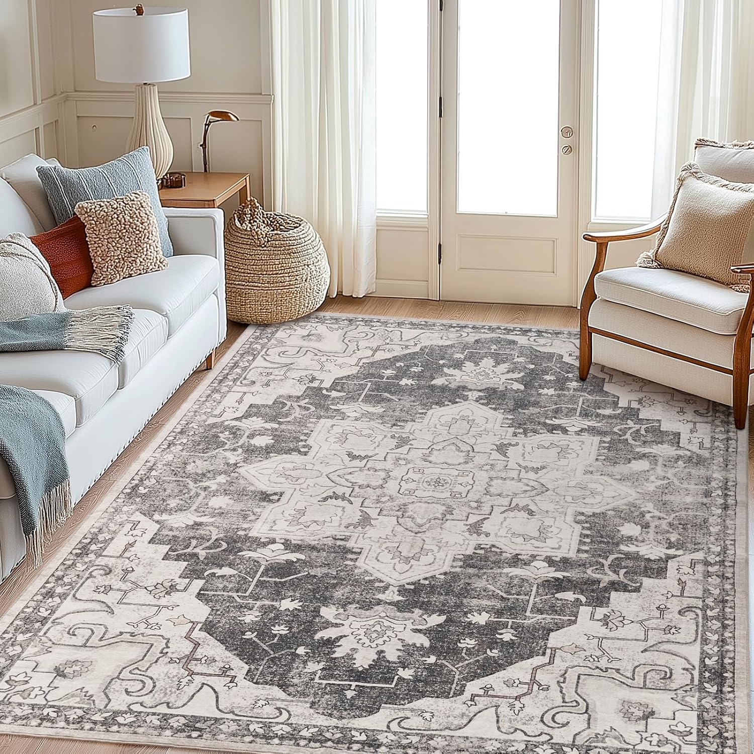 Area Rug 4x6, Washable Boho Rugs for Living Room, Vintage Low Pile Bedroom Rug, Non Slip Floral Print Small Carpet for Kitchen Dining Room Entrance Home Decor, Grey