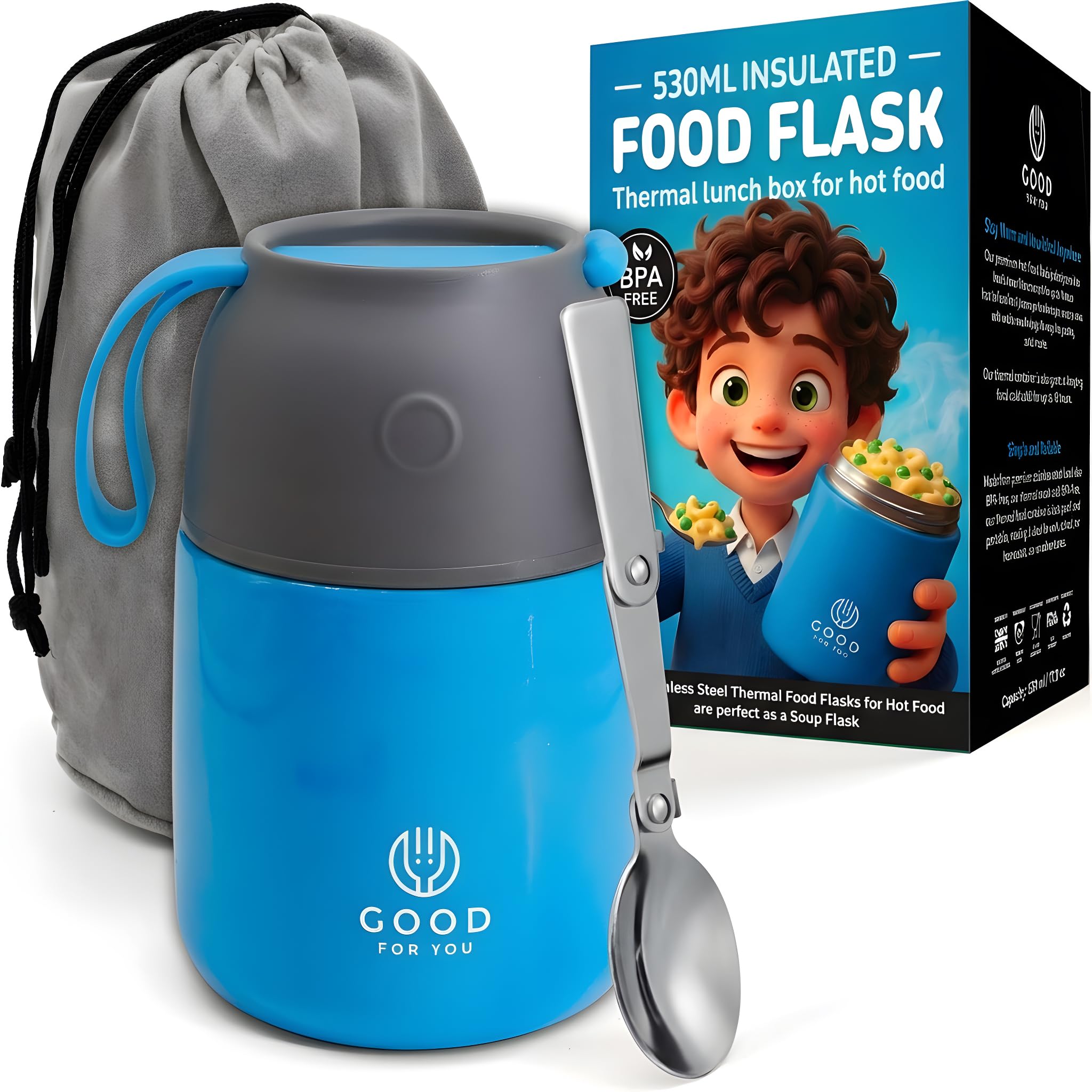 GOOD FOR YOU - Thermal Food Flask for hot Food, Soup containers, Ideal as a Thermal Lunch Box, Soup Flask or Food Warmer Lunch Box - Stainless Steel Insulated hot Food jar - Blue (Blue, 530 ml)