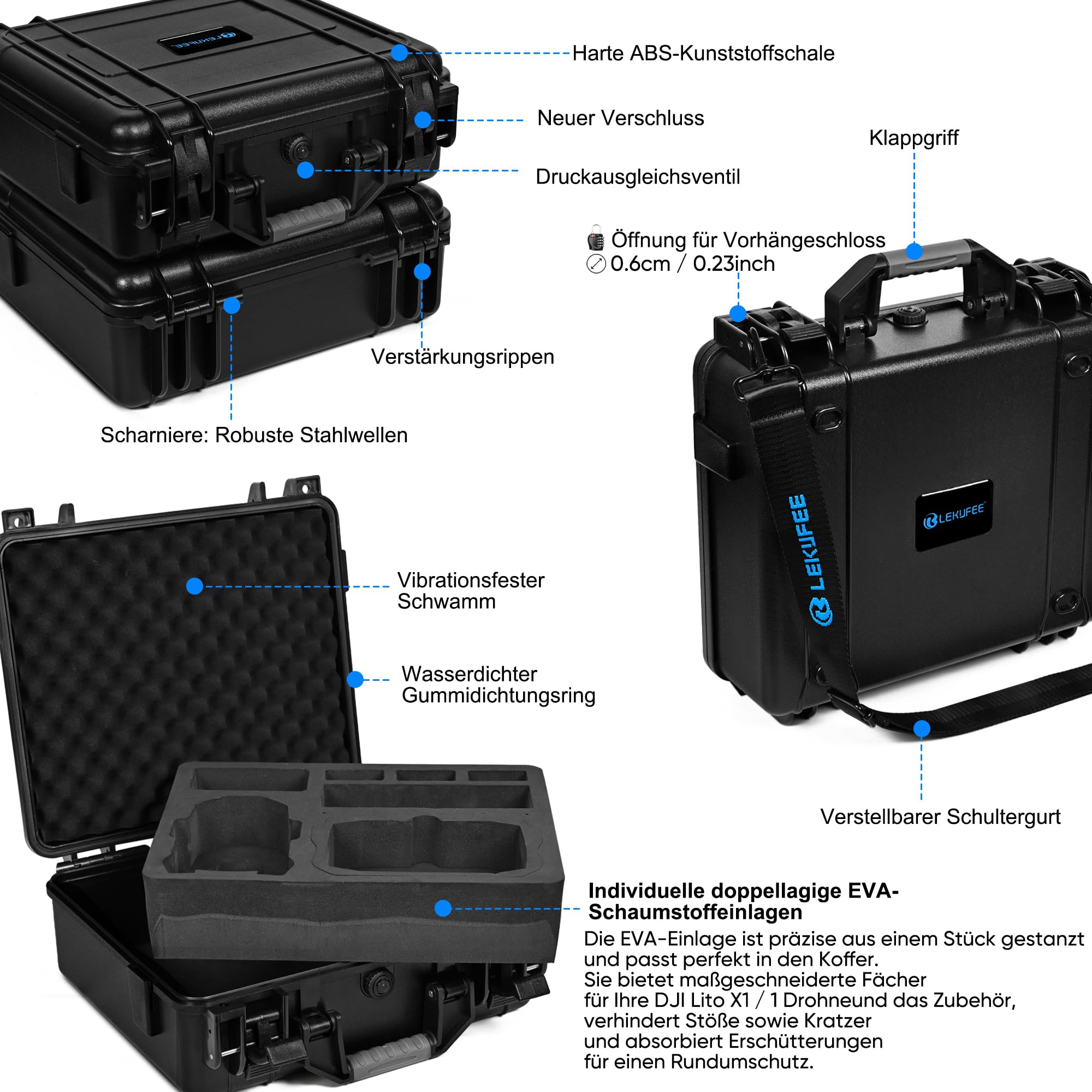 LEKUFEE wasserdichter Hartschalen-Tragekoffer für DJI Lito X1, Lito 1 Drohne, Fly More Combo, DJI RC 2/RC N3, Akkus (6 Stück), Ladehub und weiteres Zubehör (nur Koffer)