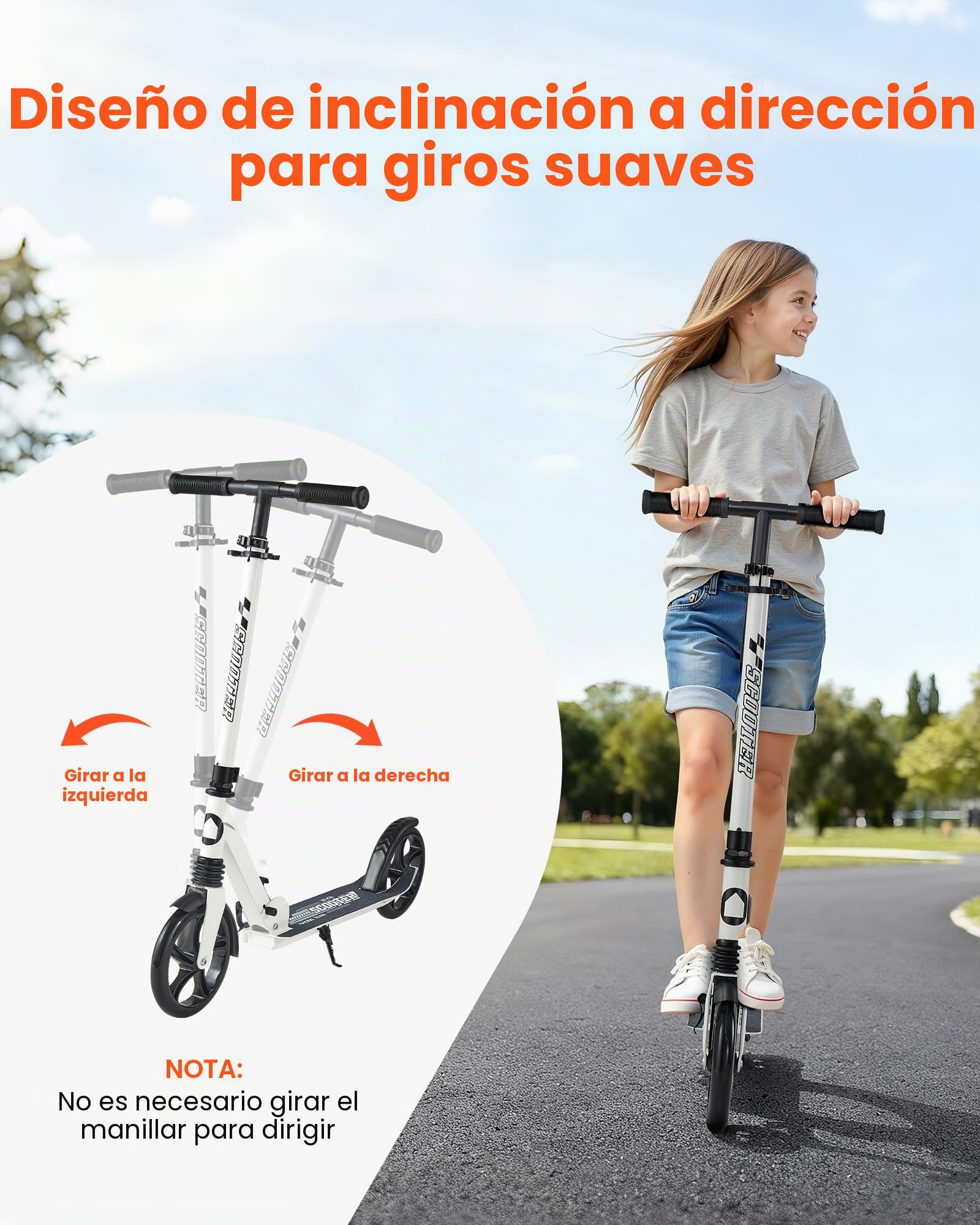 VEVOR Patinete 2 Ruedas, para Niños a Partir de 8 Años, Patinete de Calle Plegable con Manillar Regulable en Altura y Base Antideslizante, Chasis de Acero, hasta 100 kg, Color Negro y Blanco
