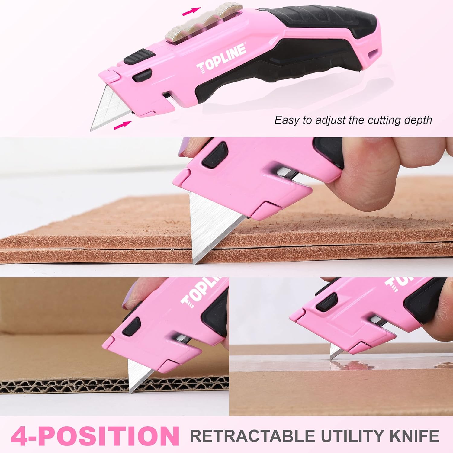 TOPLINE Retractable Pink Utility Knife, Retractable Pink Box Cutter, Blade Storage Design, 18-Piece SK5 Blades and a Dispenser Included