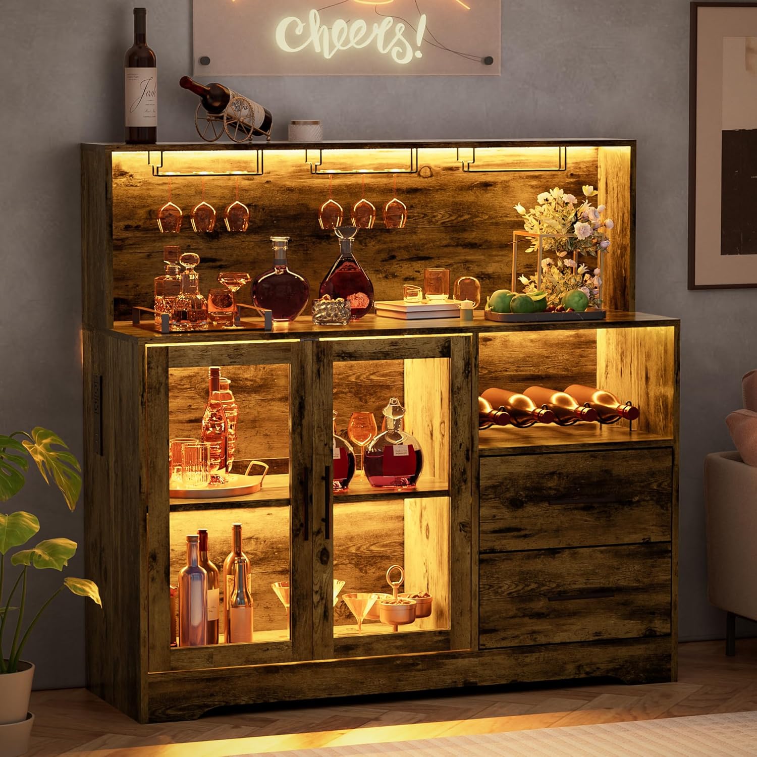 Wine Bar Cabinet with LED Lights, Liquor Bar Cabinets with Power Outlets, Drawers, Storage Coffee Cabinet with Wine Rack, Glass Holder, Sideboard Buffet for Living Room, Kitchen (Rustic)