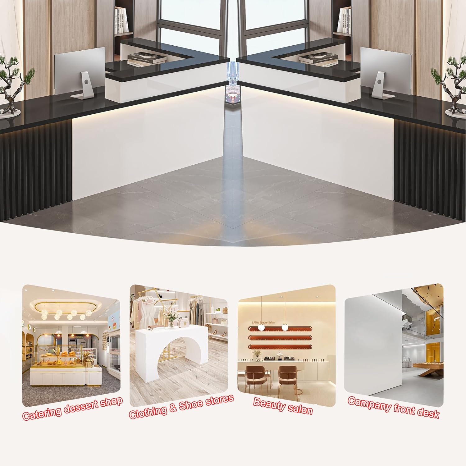 Modern Front Reception Desk, Commercial l Shaped Reception Desk with LED Light & Lockable Drawer, Modern Retail Checkout Sturdy & Well Built for Lobbies, Office, SOHO, Shop