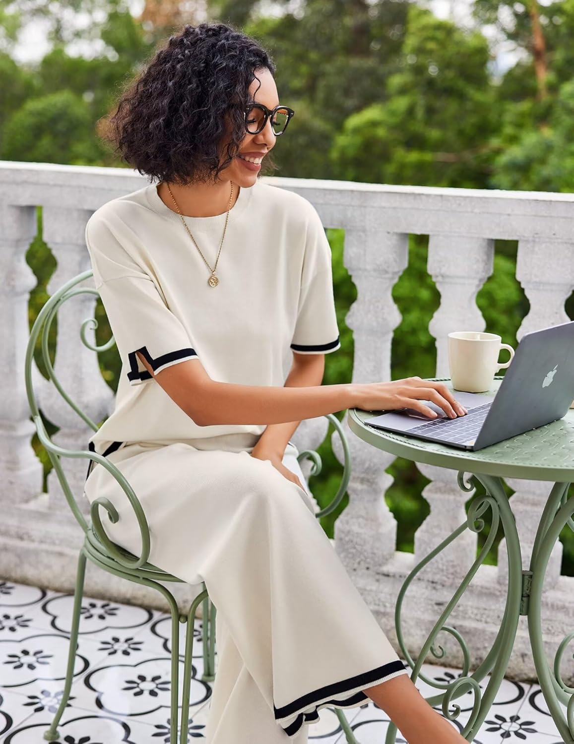 Ekouaer Lounge Set for Women Travel Outfits 2 Piece Sets Short Sleeve Sweater Top Wide Leg Long Pants Loungewear - Image 3