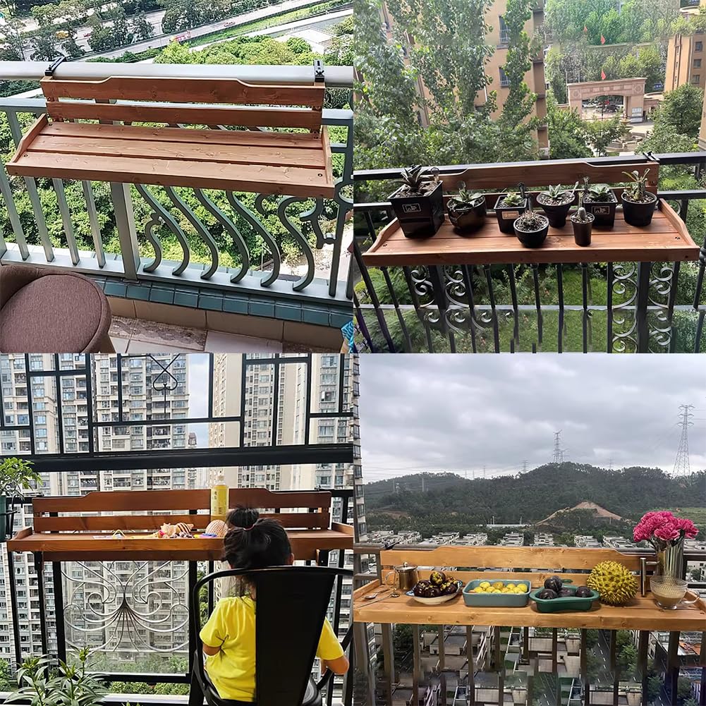 Tavolino da balcone in legno, regolabile e pieghevole, 60 cm, color caramello, forte capacità di carico, ideale per barbecue da giardino, adatto per balconi e ringhiere da giardino