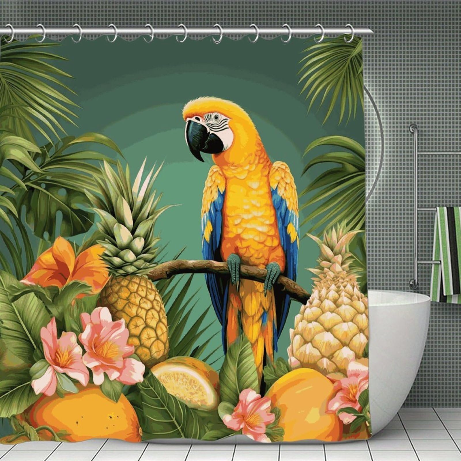 FekiLoot Summer Parrot Pineapple Bird Shower Curtain Minimalist Thick Bathroom Curtain Washable Modern Bathroom Shower Curtain Heavy Duty Waterproof Cloth Bath Curtain with Hooks 70.8"x70.8"