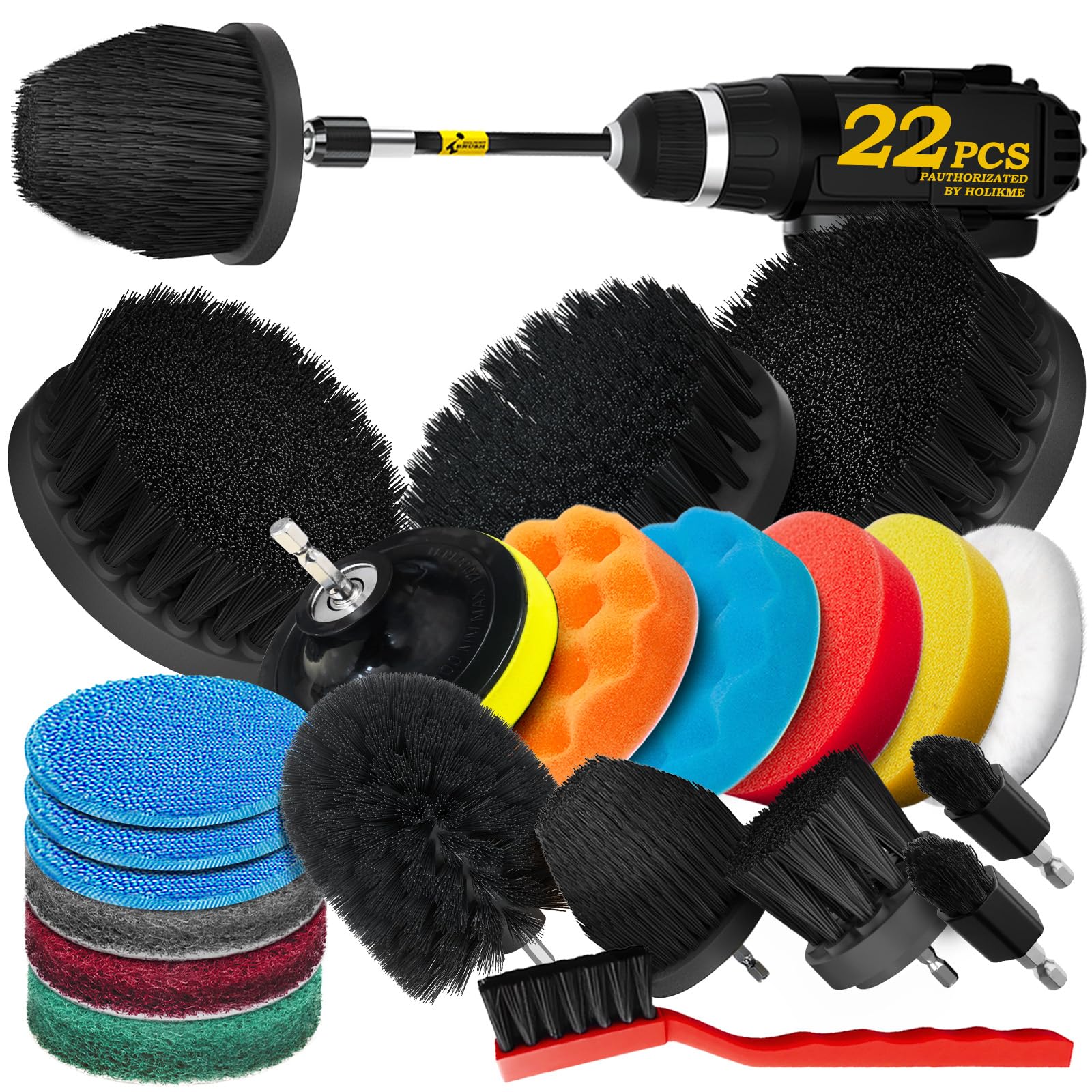 Holikme 20Piece Drill Brush Attachments Set, Black Scrub Pads & Sponge, Power Scrubber Brush with Extend Long Attachment All Purpose Clean for Grout, Tiles, Sinks, Bathtub, Bathroom, Kitchen & Autom