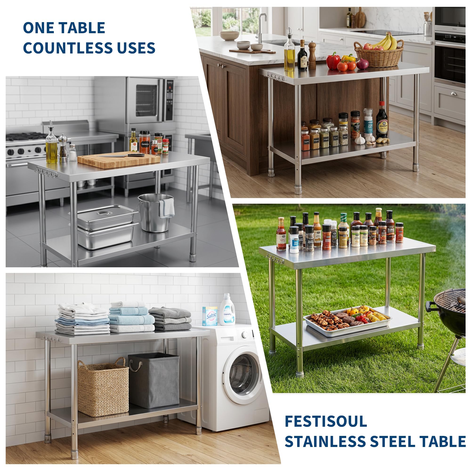 Mesa de preparación Comercial de Acero Inoxidable de Alta Resistencia de 48 x 24 x 35 Pulgadas – Protector contra Salpicaduras – Gancho para ollas – Patas Ajustables – Cocina de Restaurante,