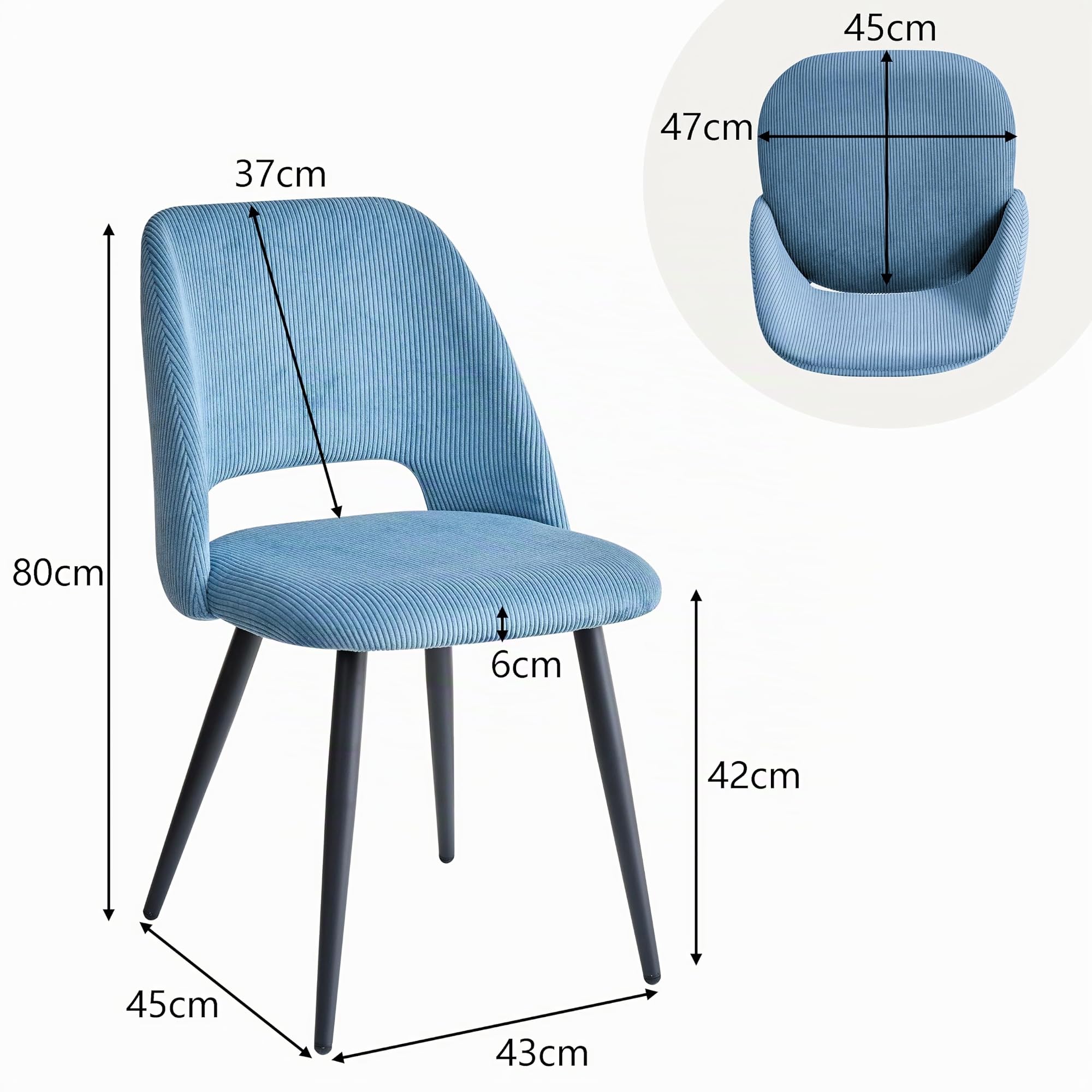 Pack de 4 Silla de Comedor, Silla de Cocina de Pana a Rayas, Silla Tapizada con Diseño de Respaldo Hueco, Adecuada para Comedor, Sala de Estar, Cocina, Dormitorio - Azul