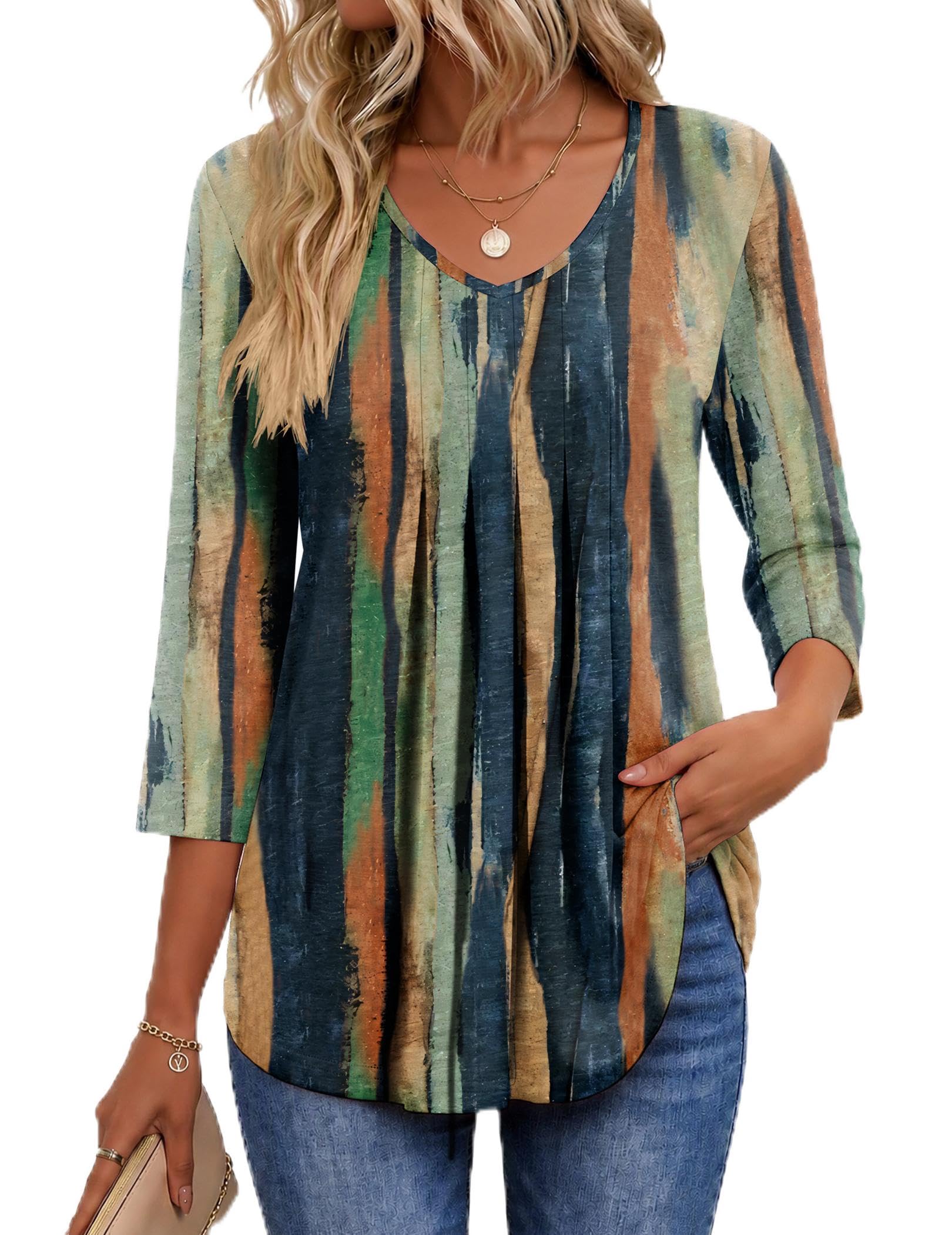 Ekouaer 3/4 Length Sleeve Womens Tops V Neck Blouses Pleated Casual Shirts