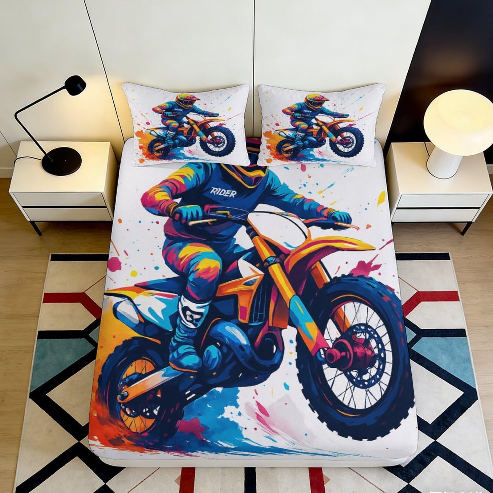 3D Printed Motocross Rider Fitted Sheet Microfiber Vibrant Dirt Bike Bed Cover for Bedroom Dorm Mattress Protection Decor 90x200x25cm