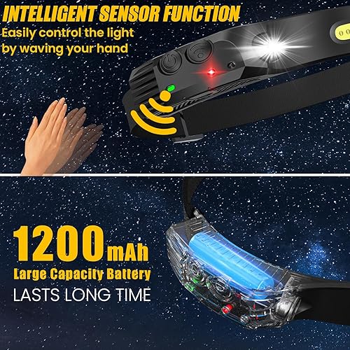 Miniatura 4 de Linterna frontal LED recargable, faros delanteros COB230 de haz ancho con 3 bandas de lámpara, 10 modos de faros ligeros con sensores de movimiento,