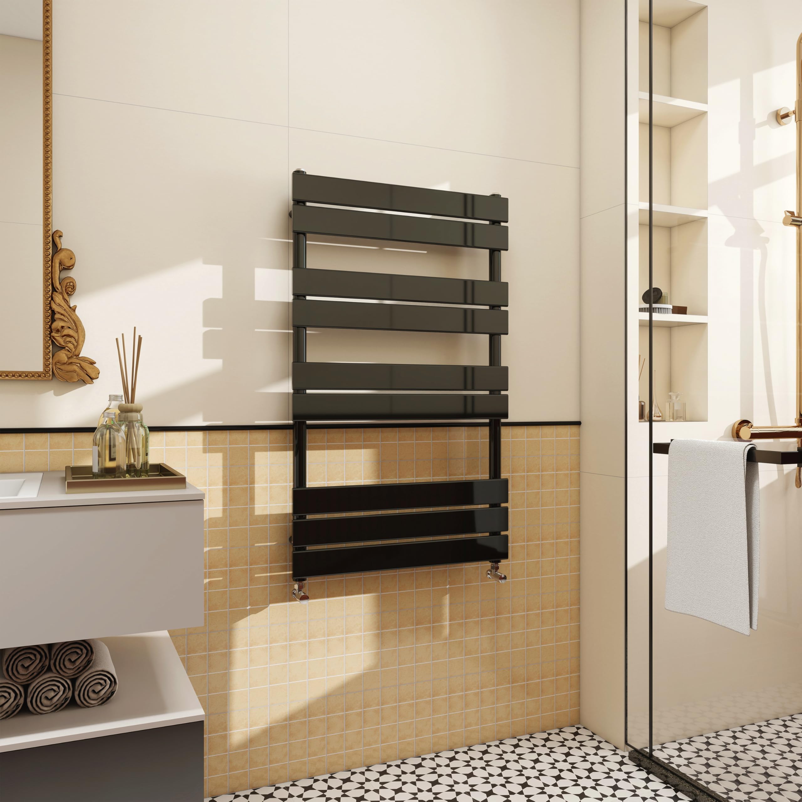 Radiador moderno negro con calefacción, panel plano, calefacción, 1000 x 600 mm, para toallas calientes y T