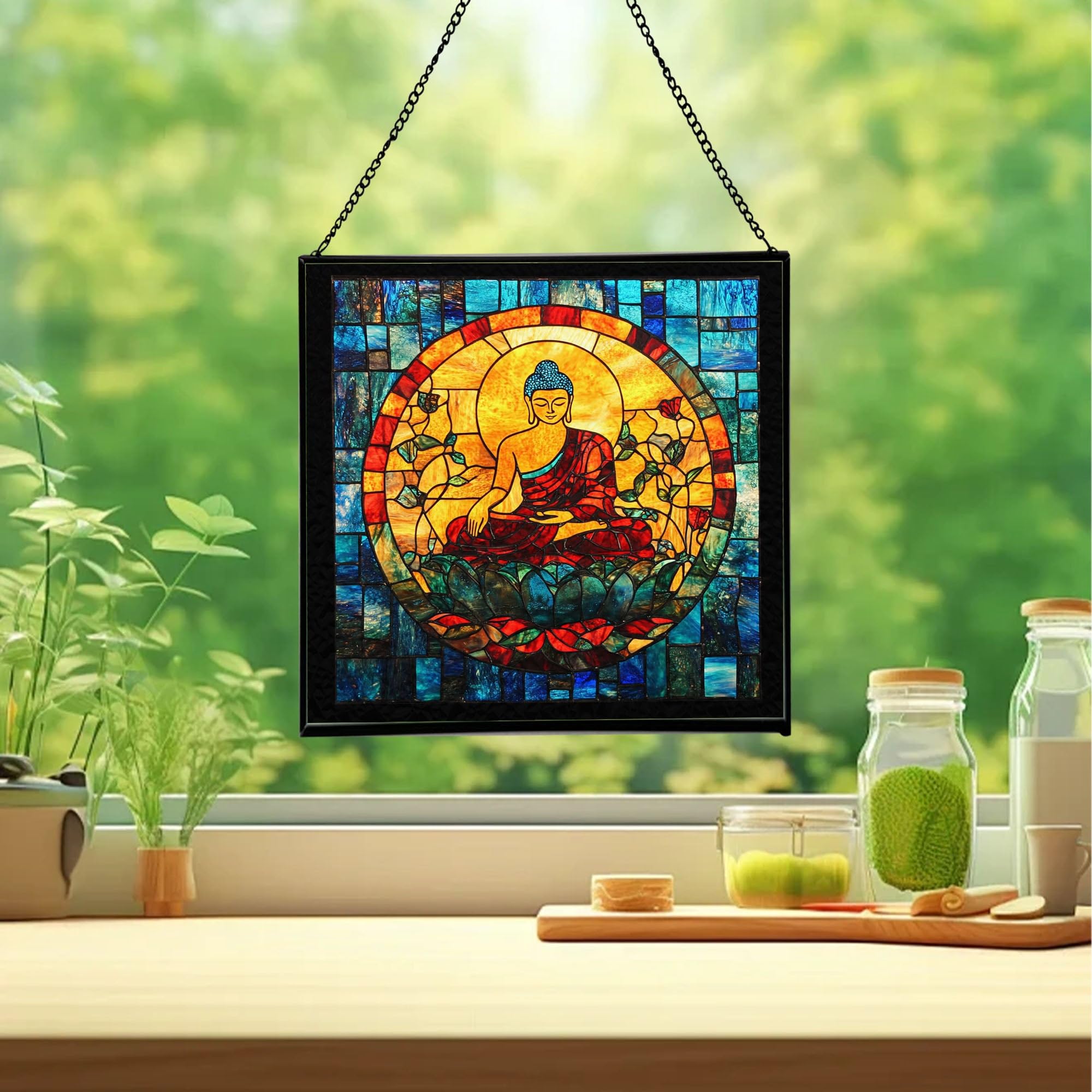 Buddha Mahamudra Space Stained Glass Suncatcher – Square Hanging Window Panel for Meditation Room, Zen Space, or Home – Peaceful Spiritual Glass Art Gift, Christmas, Thanksgiving JsaX65