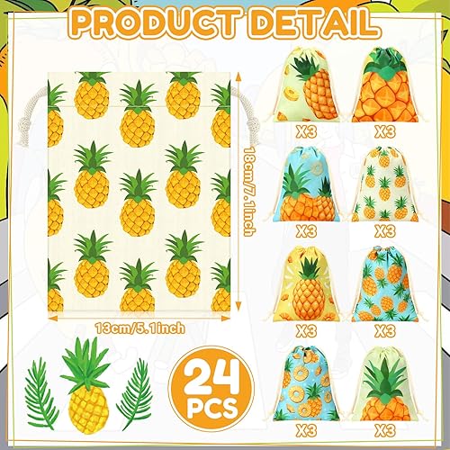 Miniatura 2 de Sweetude 24 piezas de decoraciones hawaianas de fiesta de 5 x 7 pulgadas, bolsas de regalo de piña Luau para fiesta, pequeñas bolsas de dulces de