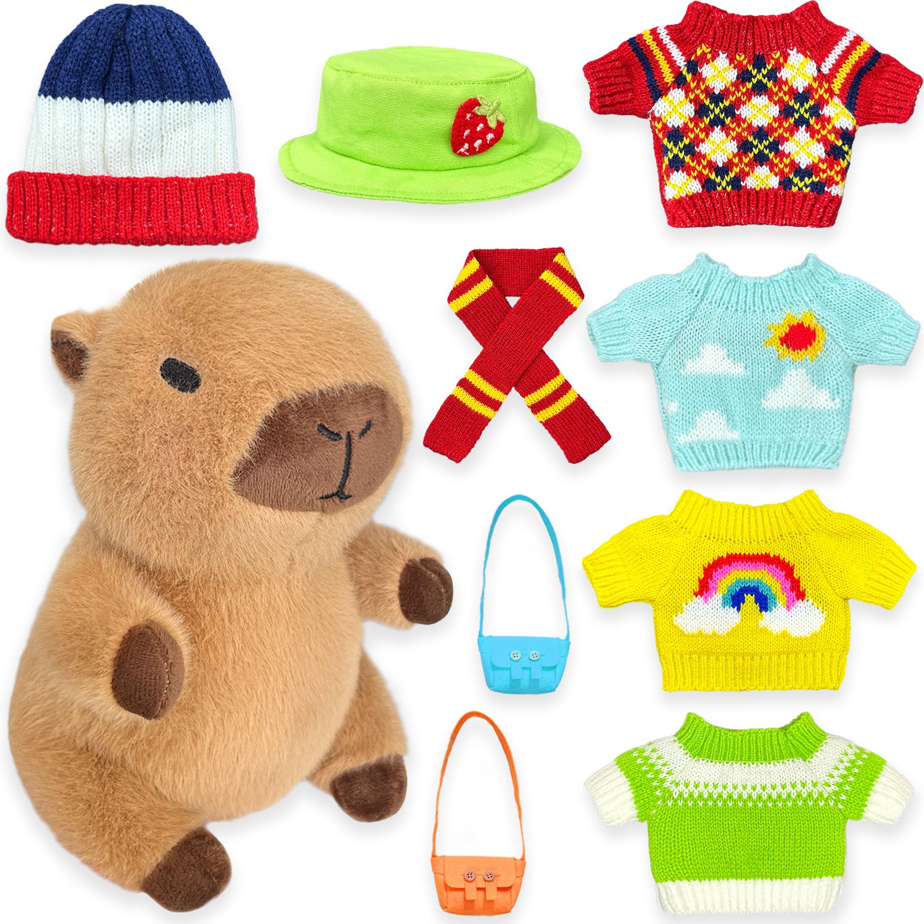 Kireidane Capybara Plush with 9 pcs Clothes & Accessories, 10.2 in Cute Capybara Stuffed Animal Plush Toys, Dress Up Cute Plushies for Girls/Boys