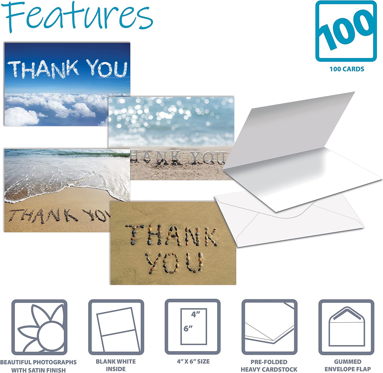 Better Office Products Thank You Cards with Envelopes (100 Pack), 4 Cover Designs, Blank Inside, All Occasions, Serenity Collection, 100 Pack