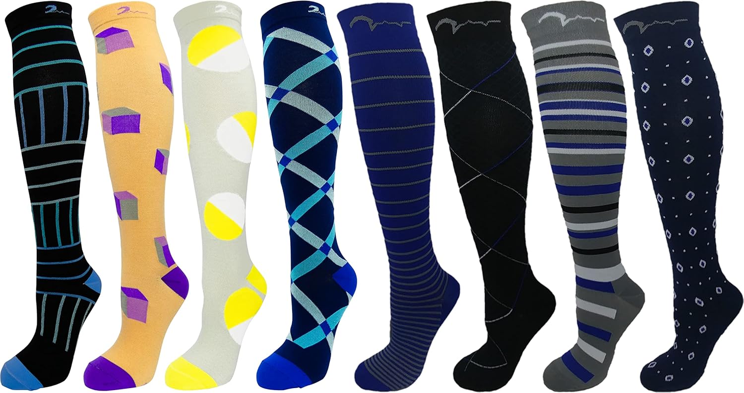 8 Pair Graduated Compression Socks 15-20 mmHg for Women and Men Occupational, Therapeutic, Pregnancy, Athletics, Recovery