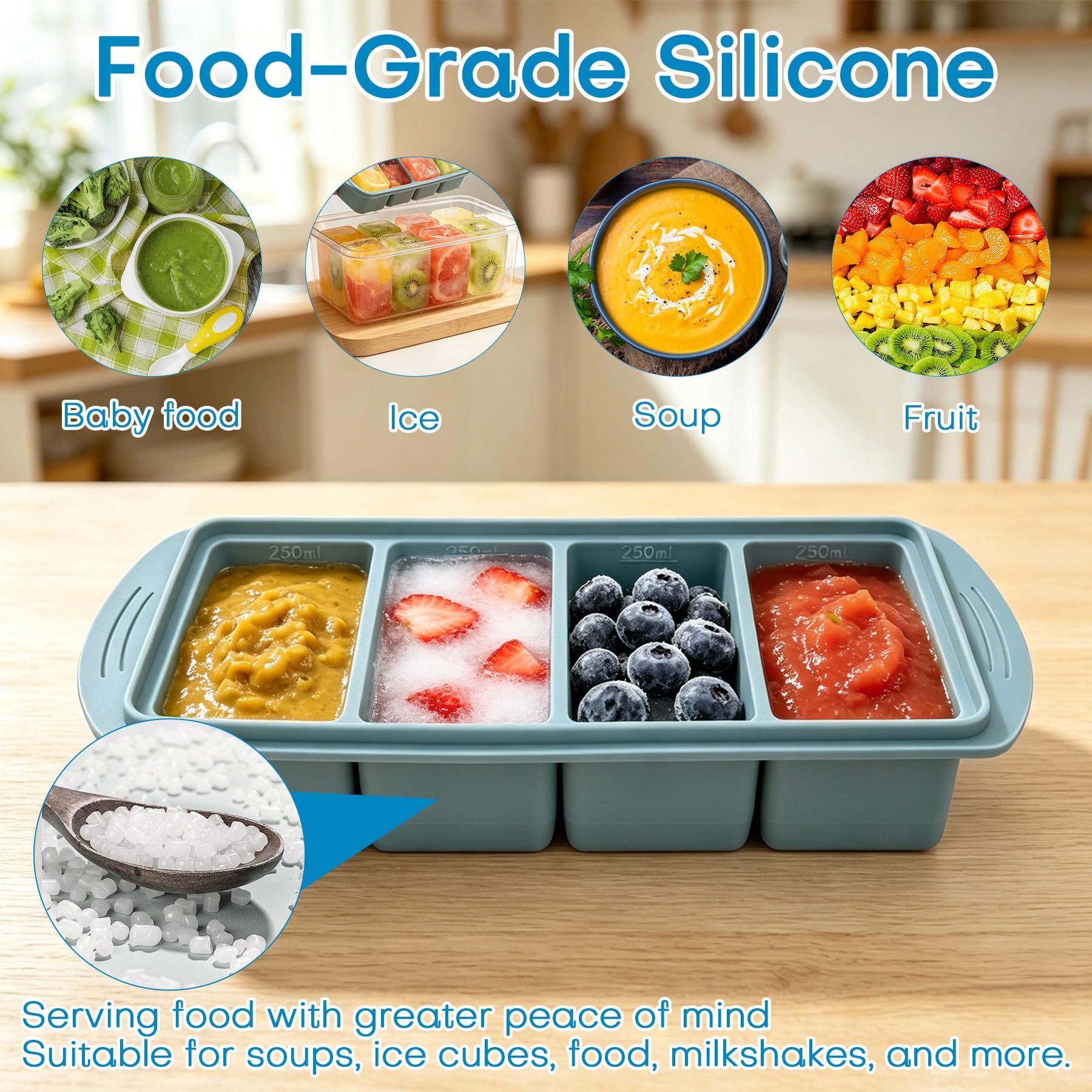 VEEKAY 2 Pezzi Stampo per Congelatore in Silicone con Coperchio, 4 Scomparti da 250 ml, Contenitore Impilabile senza BPA per Zuppa, Brodo, Salsa, Meal Prep