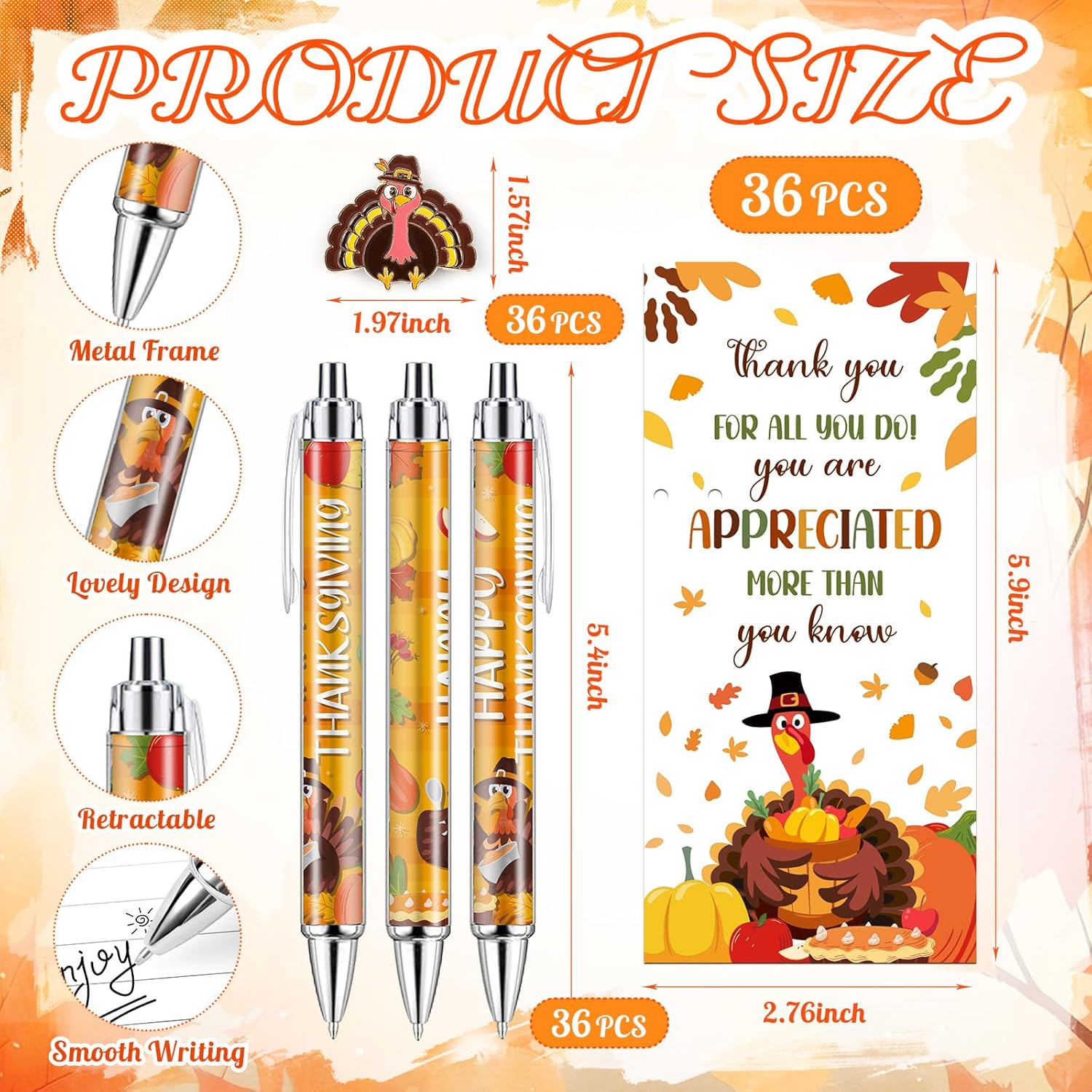 36 Sets Thanksgiving Gift Bulk Fall Ballpoint Pens Turkey Pins with Organza Bags Information Card for Thanksgiving Day Harvest Party Gift Supplies Decor