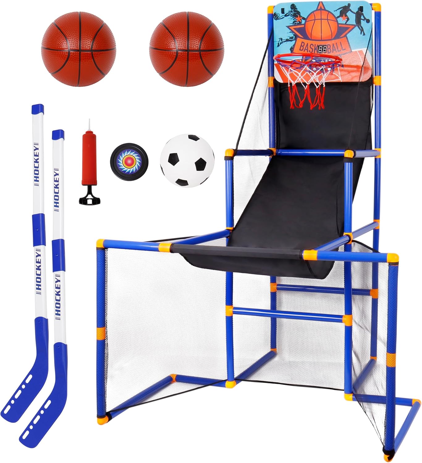 Surpop Kids Basketball Hoop Arcade Game with 4 Balls and Infrared Scoring Indicator, Basketball Football Hockey 3-in-1 - Toy Sports Game for Kids 3+