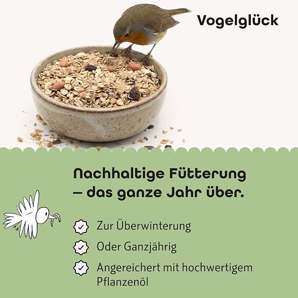 Vogelglück Vogelfutter Fettfutter 5 kg – energiereiches, Vogelfutter mit Getreideflocken, Nüsse, Früchte, Saaten, Öle und Fette – für Wildvögel, Weichfresser, Fütterung am Balkon und im Garten - 4