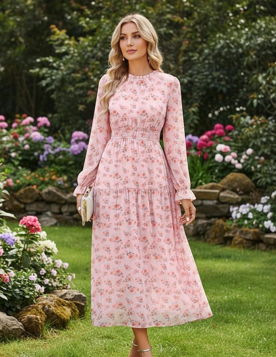 GRACE KARIN Women's Long Sleeve Maxi Dress 2026 Chiffon Flowy Wedding Guest Dresses Floral Dress with Pockets