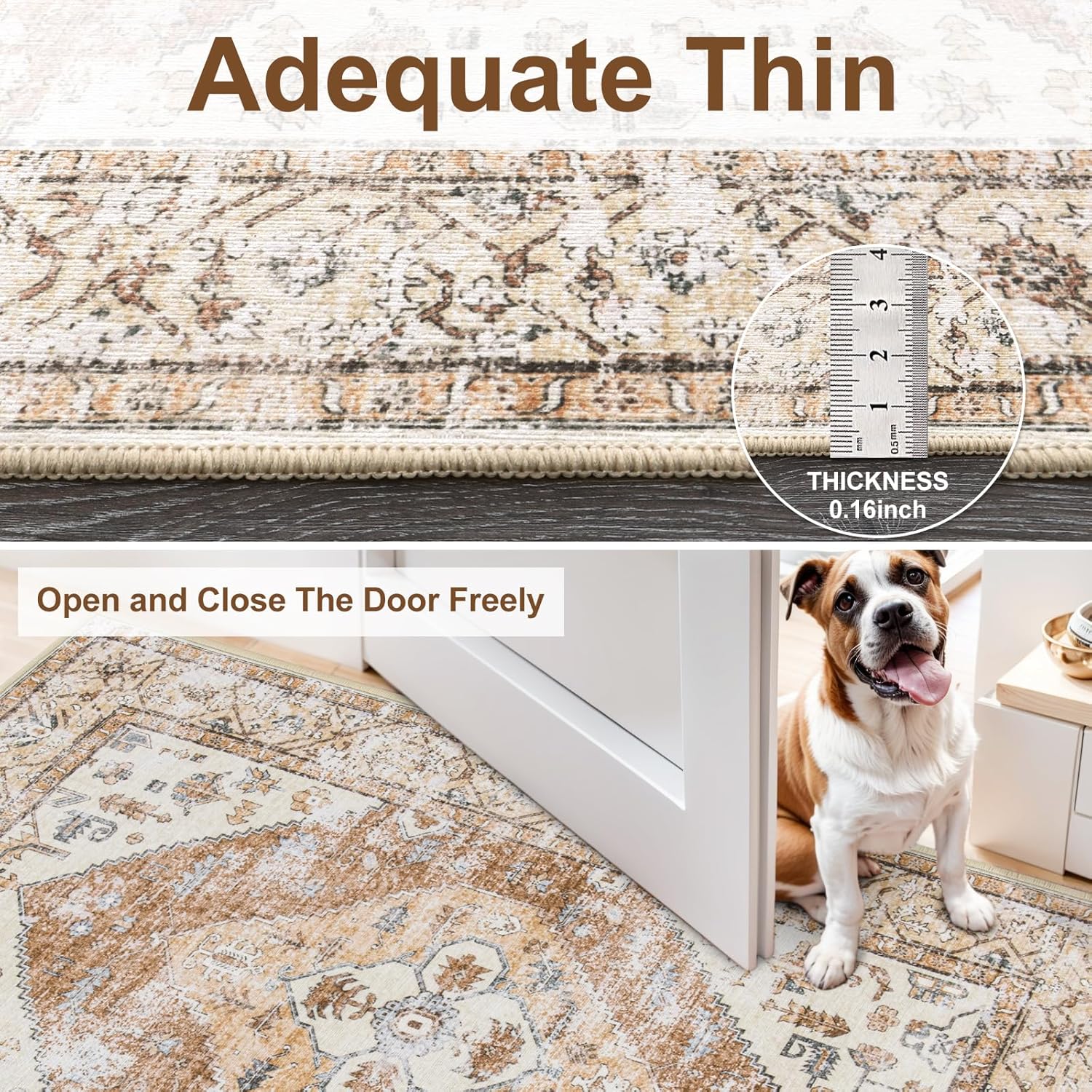 Beeiva Boho 2x5 Rug Runner, Washable Runner Rug Non Slip Ultra Thin Floor Carpet, Khaki Print Distressed Tribal Carpet Mat for Hallway Bedroom Laundry Room