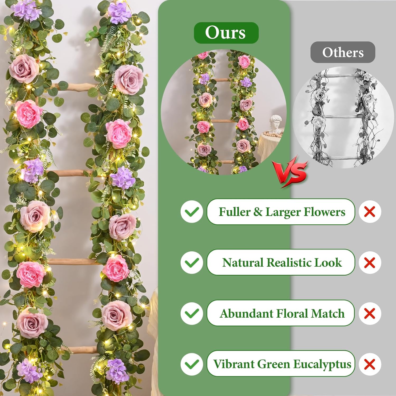 Livole 6 FT Artificial Flower Garland with Lights Pink Fake Roses Peony Floral Garland with Eucalyptus Flower Hanging Vine for Wedding Arch Table Centerpieces Backdrop Party Home Decorations